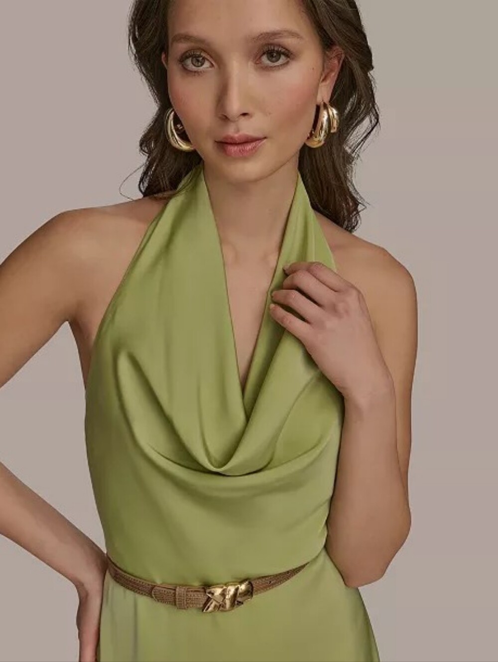 Sleek Lime Green Draped Halter Dress